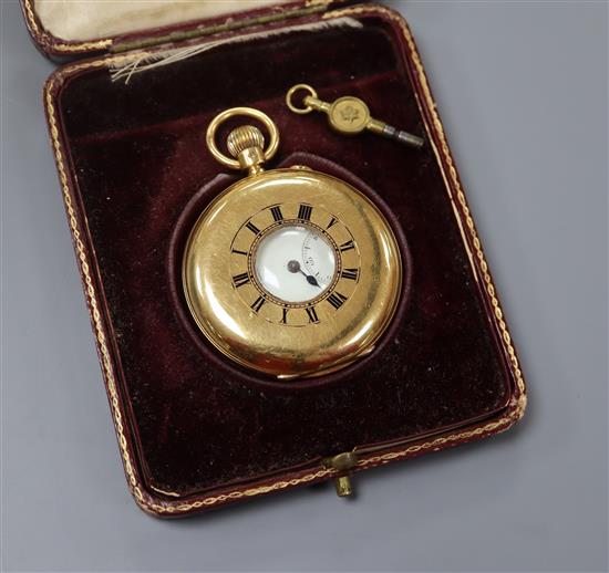 A George V J.W. Benson 18ct gold half hunter keyless pocket watch, in original box.